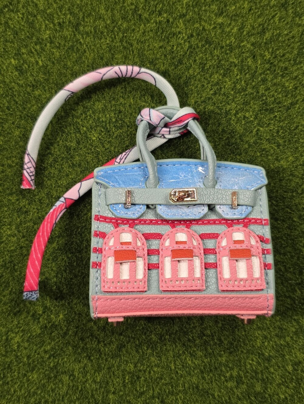 Leather Mini Tote Bag in Light Blue with Scarf Accent